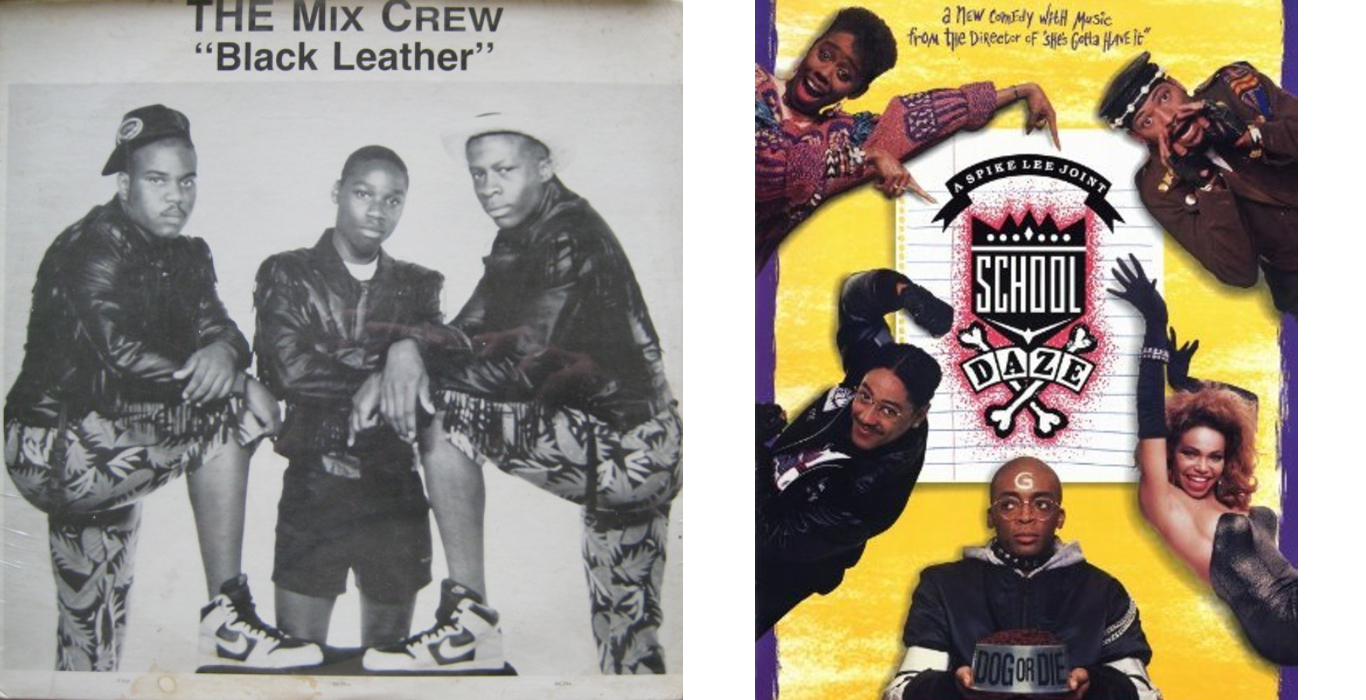 Portada del EP Black Leather de The Mix Crew y cartel de la película School Daze de Spike lee